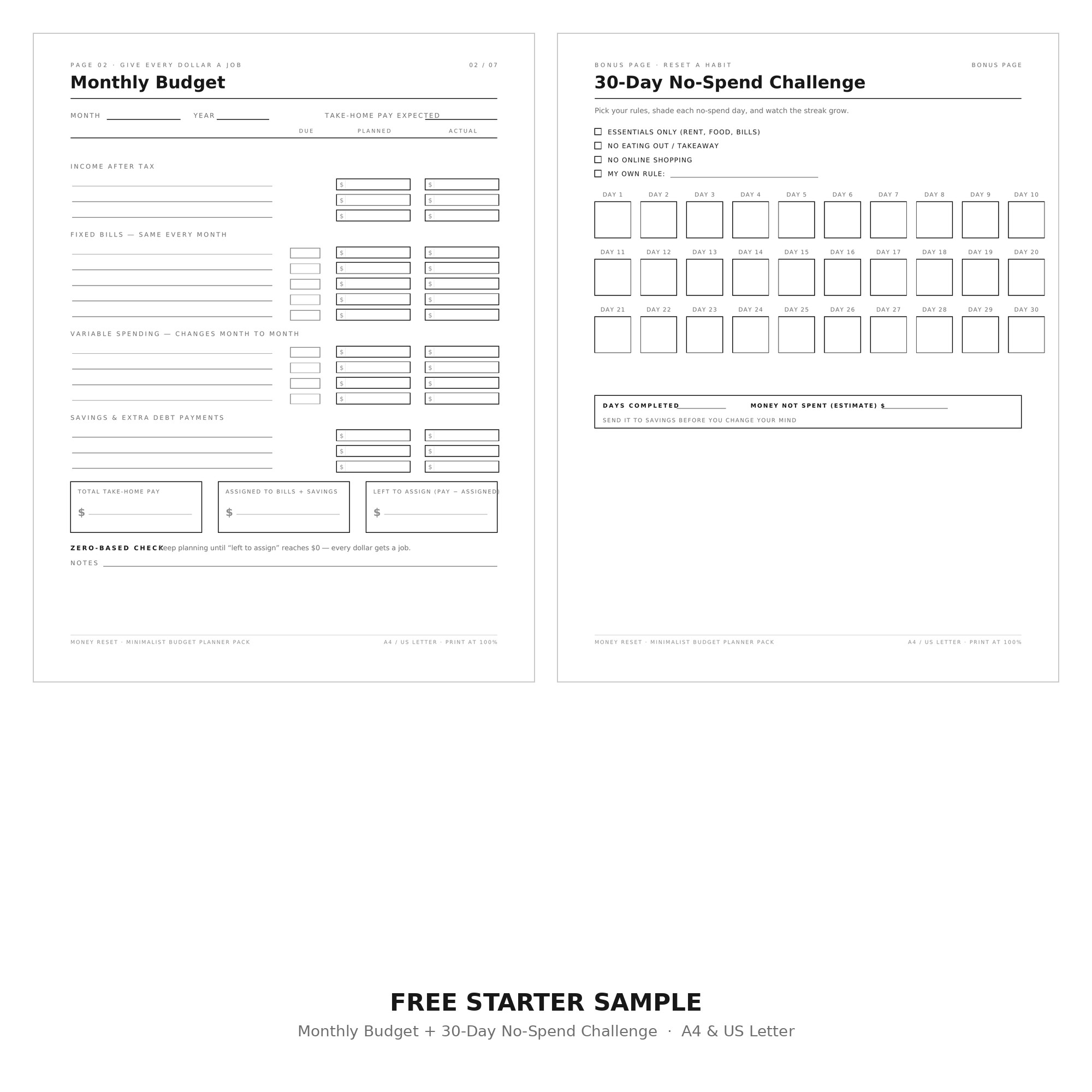 Free starter sample preview — zero-based monthly budget page and 30-day no-spend challenge page