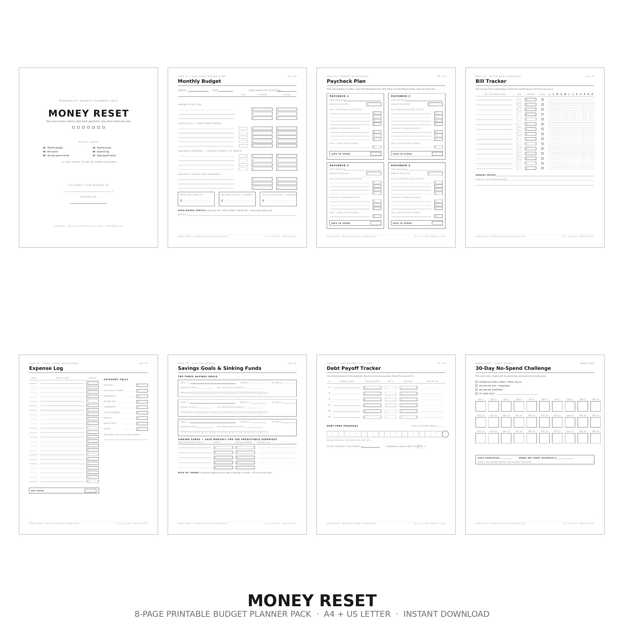 Minimalist budget planner printable pack preview — monthly budget, paycheck plan, bill tracker, debt payoff pages